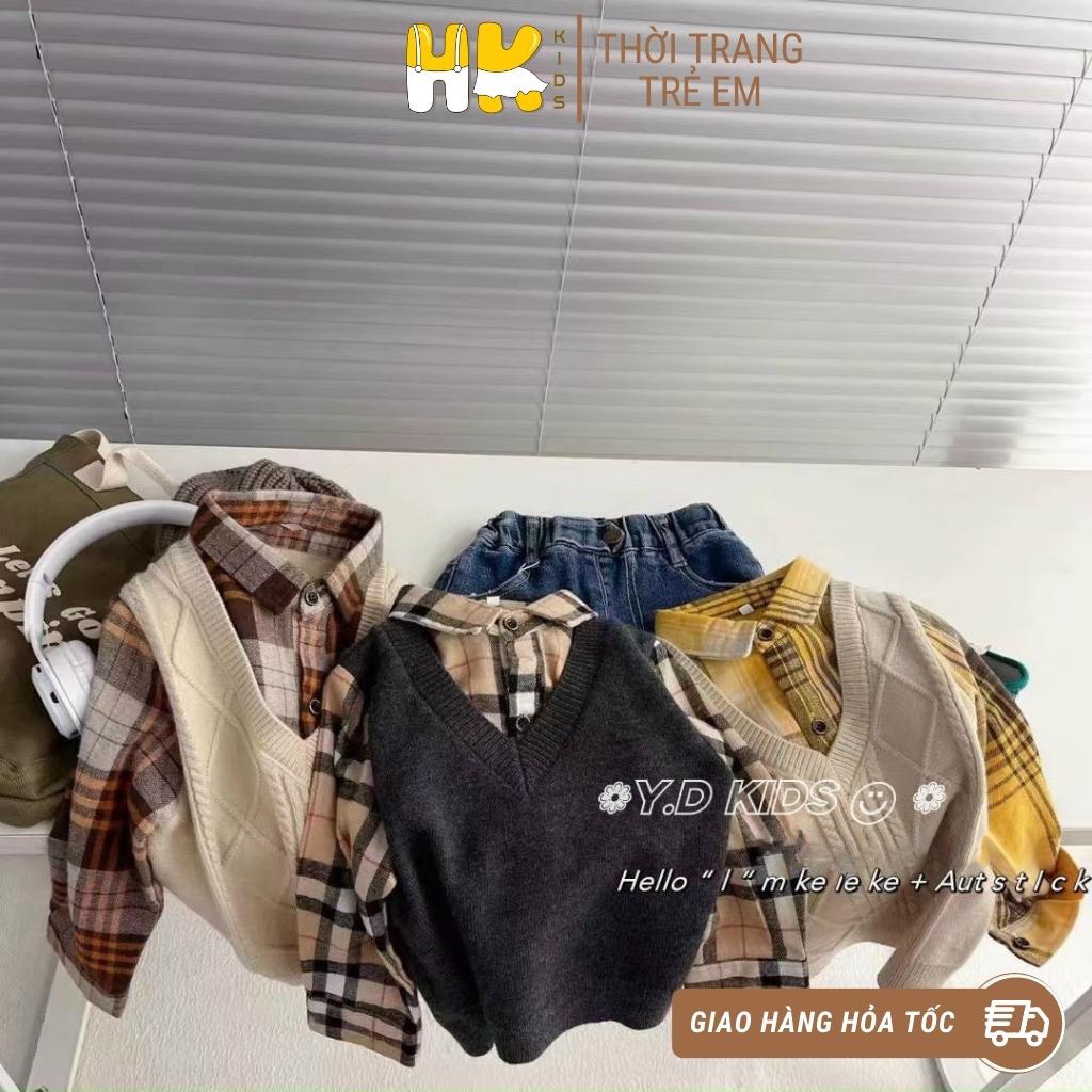 Áo gile len kèm sơ mi cho bé HK KIDS, sét áo sơ mi liền gi lê cổ tim chất len mềm mịn đanh lì size từ 1 đến 6 tuổi
