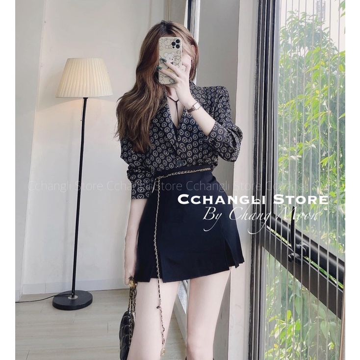 ❤️ SET SƠ MI HOẠ TIẾT FORM DÀI + CHÂN VÁY ĐEN KÈM BELT XÍCH✨