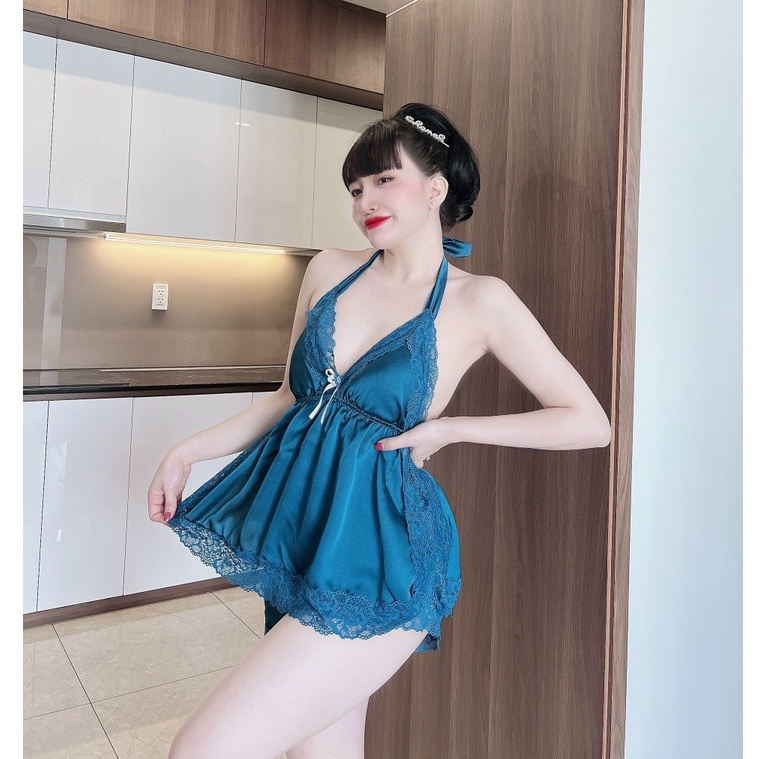 BỘ NGỦ 2 DÂY CỔ YẾM SEXY THIẾT KẾ LỤA SATIN PHỐI REN (NHIỀU MÀU)