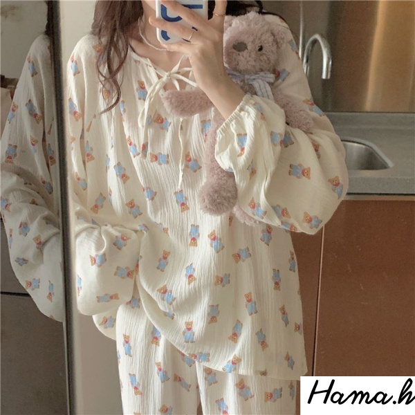 Đồ Bộ Pijama dài tay bộ mặc ở nhà họa tiết cute dễ thương phong cách Hàn Quốc-BND18