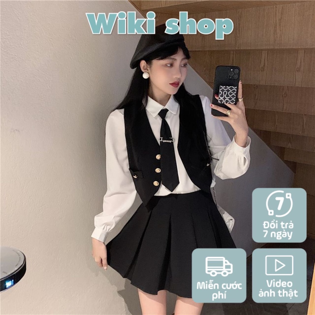 Set áo sơ mi cavat kèm gile phối quần váy ngắn xòe 4 món freesize học sinh đi chơi cá tính Wikishop C1133