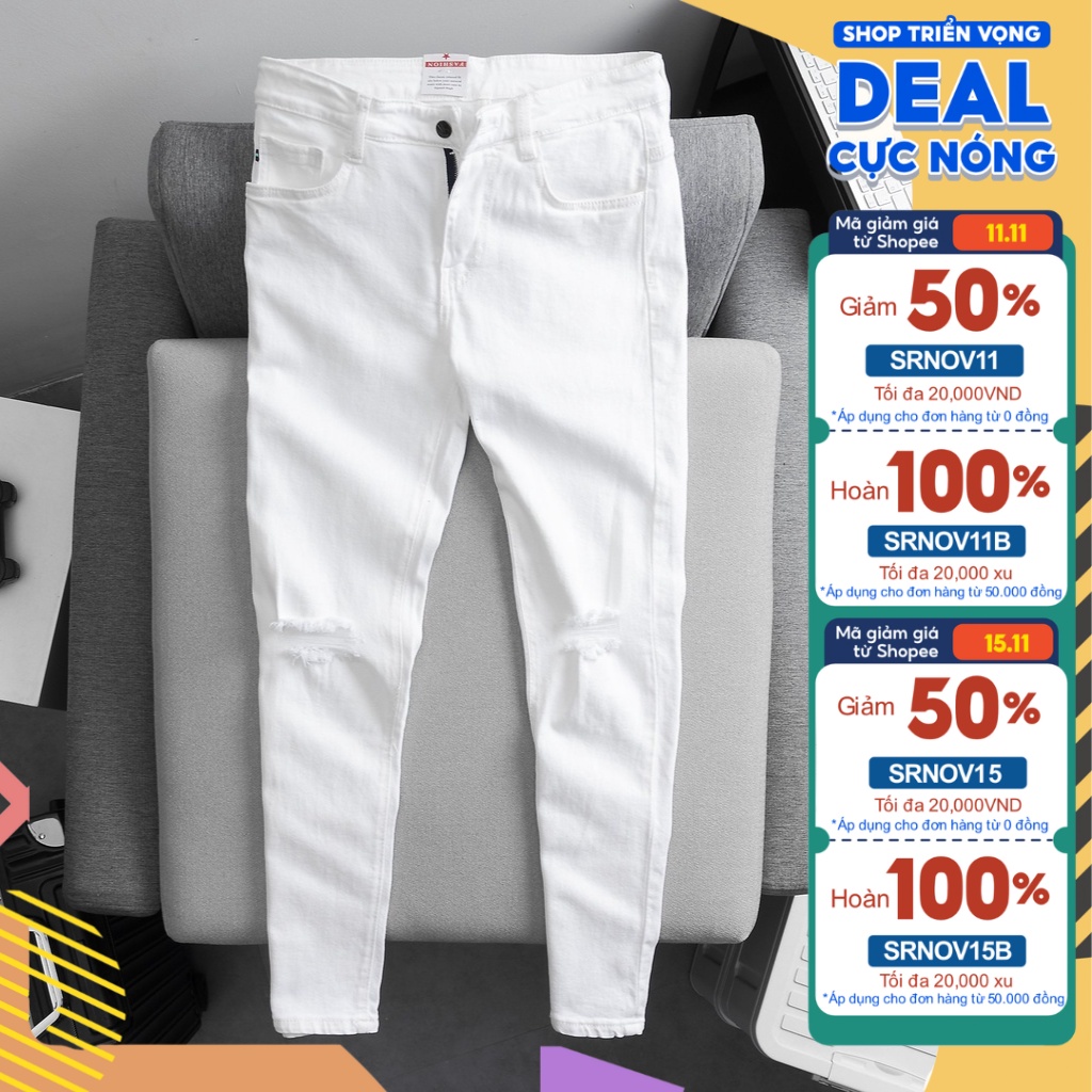 Quần Jean Nam Trắng Trơn, Quần Jean Trắng Rách Gối Vải Bò Co Dãn 4 Chiều Cao Cấp HA SHOP HẢI PHÒNG