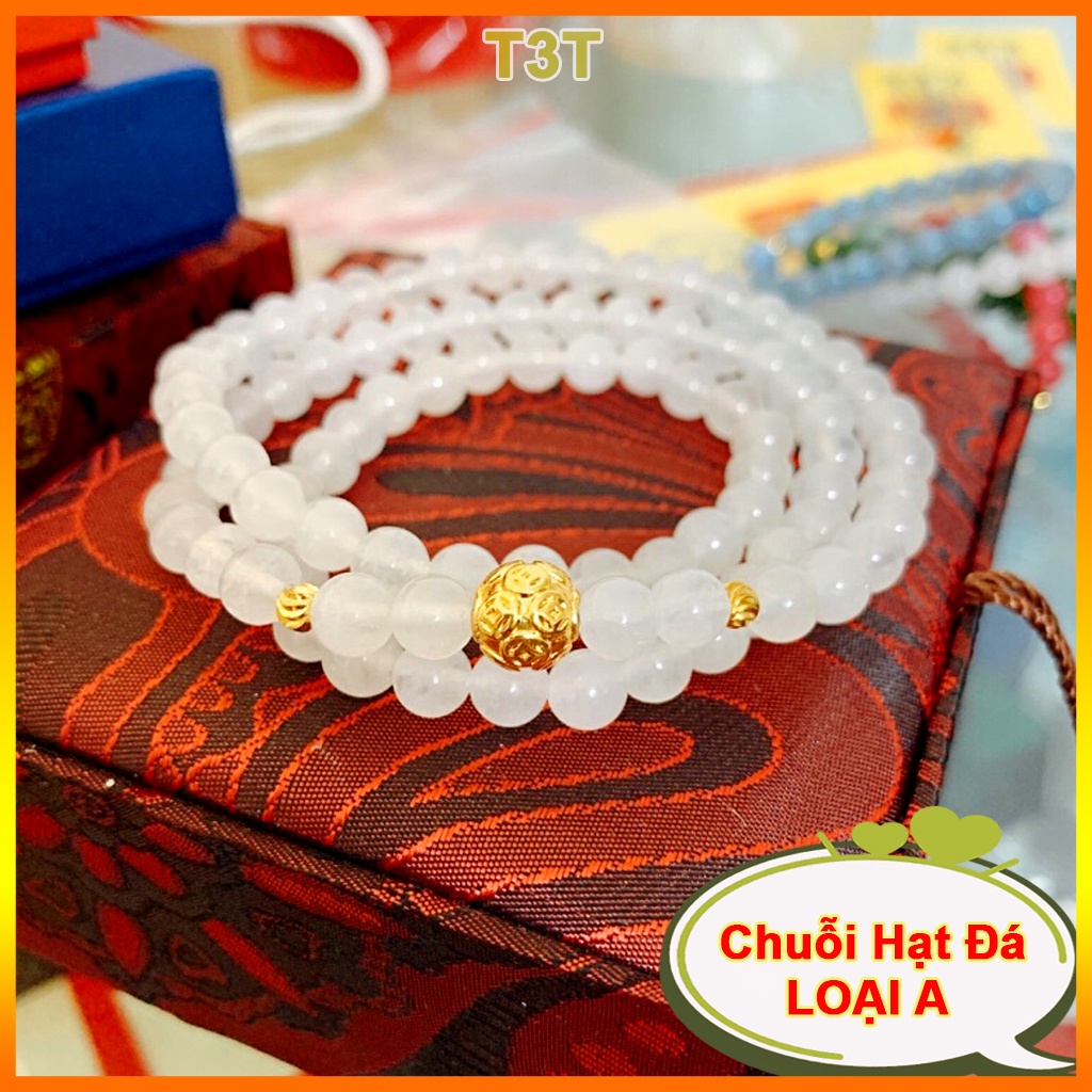 Vòng chuỗi tràng hạt 108 đá phong thuỷ màu trắng mix charm kim tiên may mắn - Tặng hộp gấm - T3T
