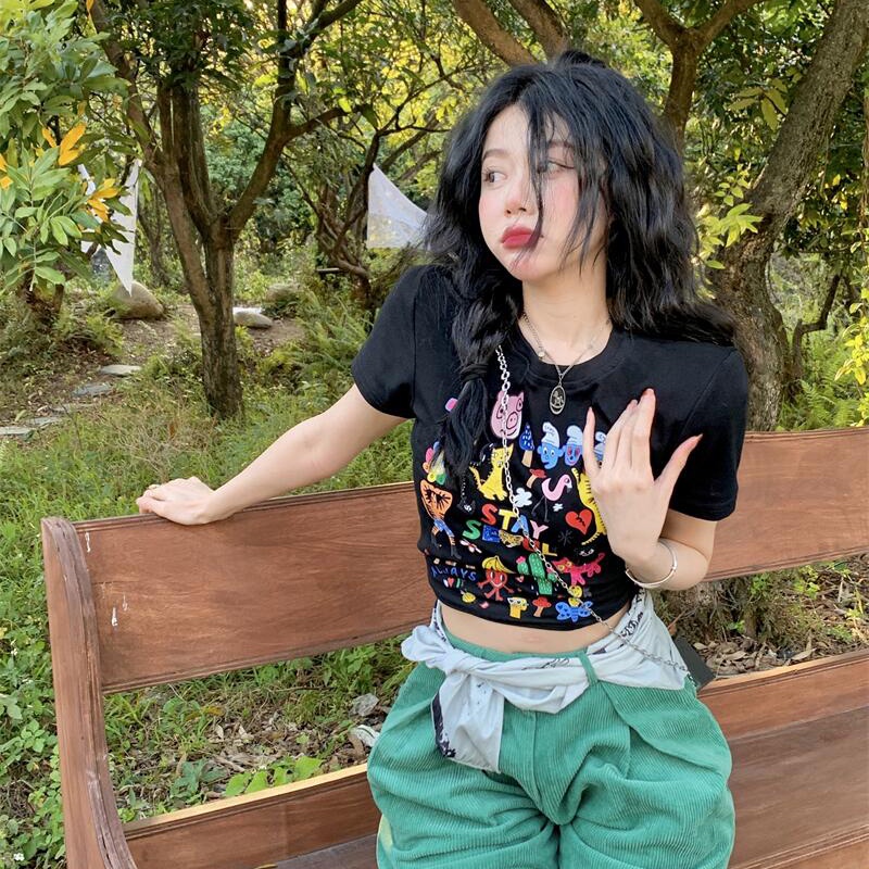 IELGYÁo Thun Tay Ngắn In Họa Tiết Hoạt Hình Phong Cách Đường Phố Cho Nữ