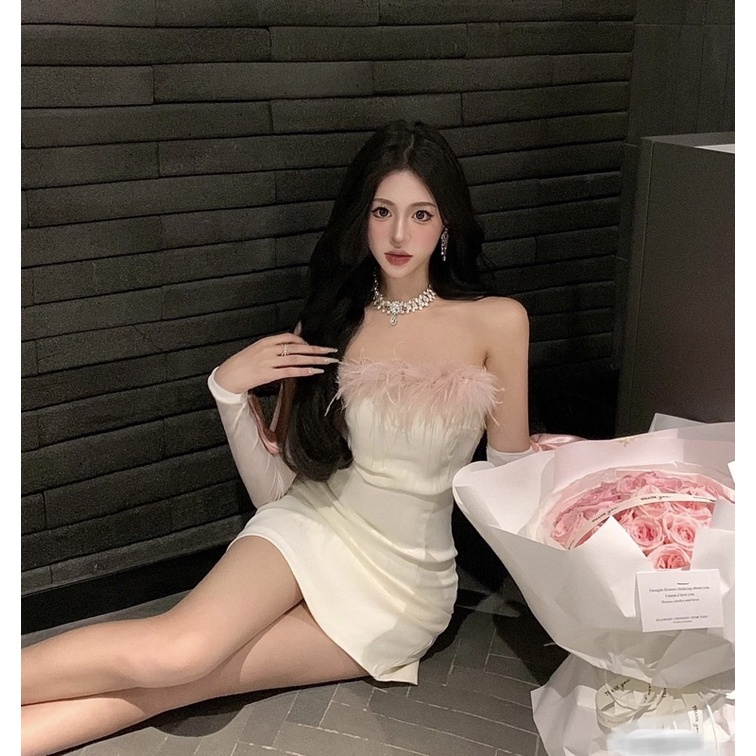 CRISTINA DRESS Đầm ống phối lông vũ kèm găng tay đính nơ phong cách chic ulzzang SAM SAM BOUTIQUE