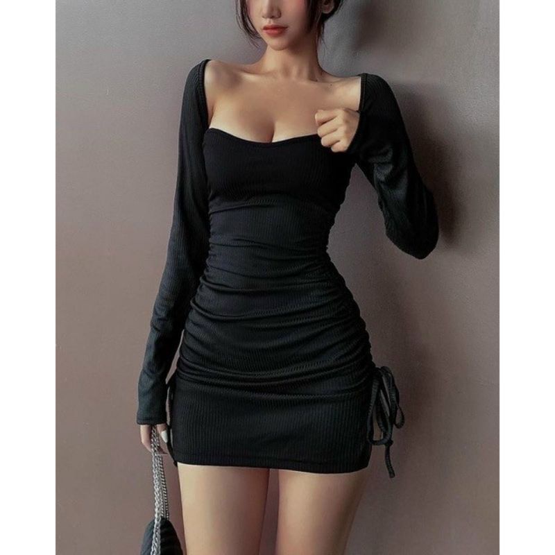 Váy Body Đầm Skinny Quyến Rũ Ôm Sát Khoe Dáng Sexy Cổ Vuông Dây Rút 2 Bên Siêu Sang Chảnh (Có Mút Ngực)