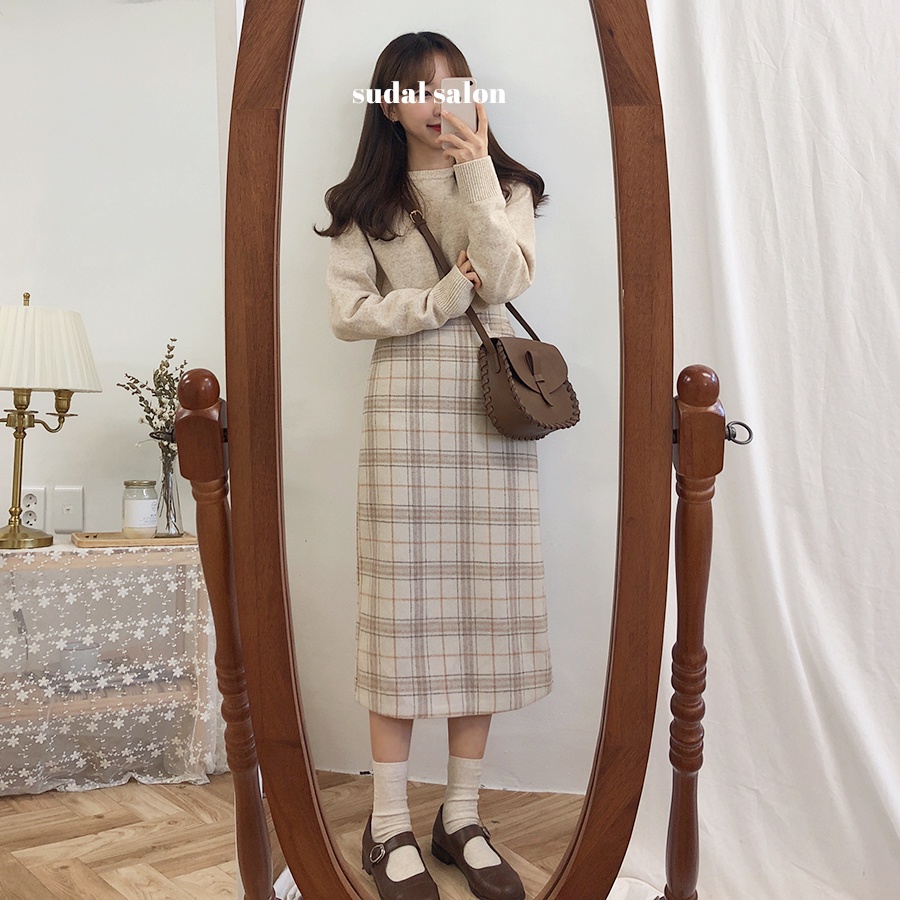 SUXI Chân Váy Midi Chữ A Lưng Cao Họa Tiết Sọc Caro Phong Cách Hàn Quốc Thời Trang Cho Nữ