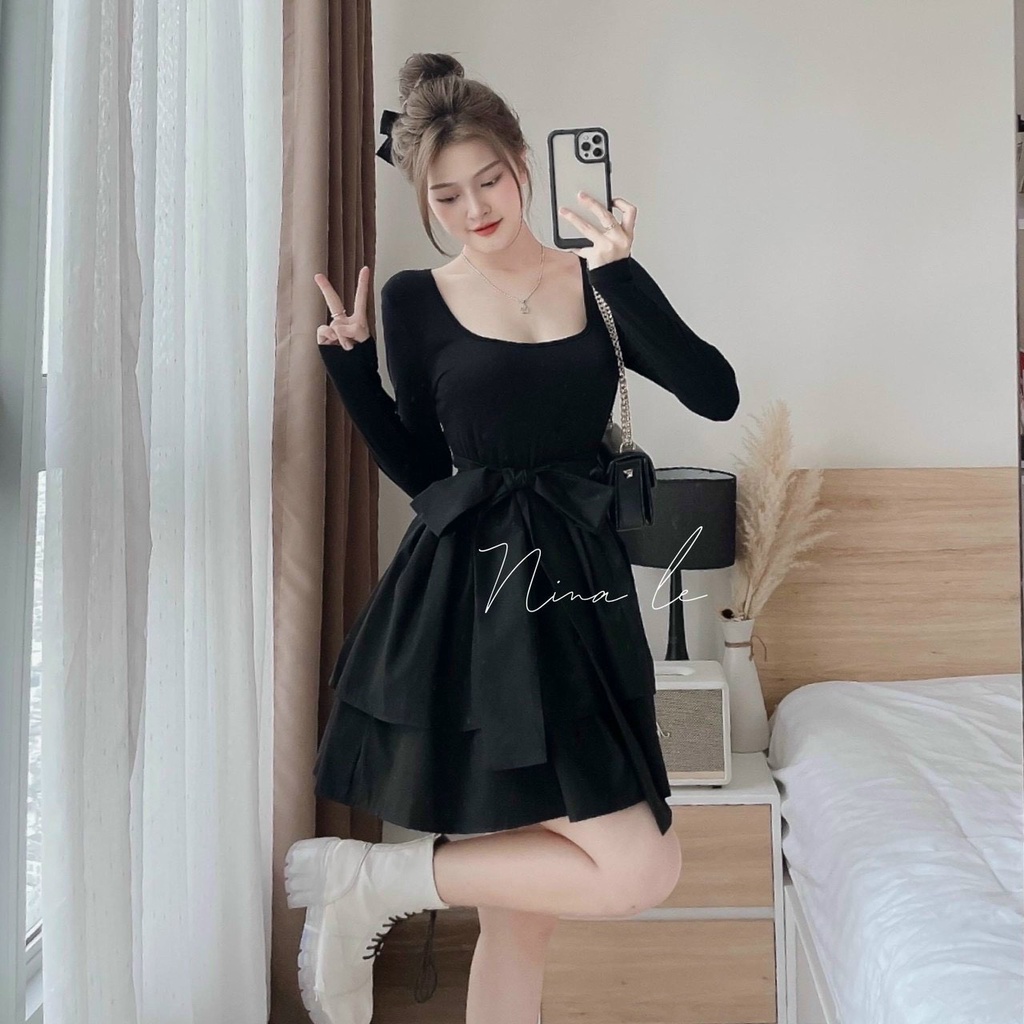 [12.12 Sales Freeship] Set váy tiểu thư, set áo thun đen tay dài cổ tròn phối chân váy xòe tầng cột nơ eo cá tính dx