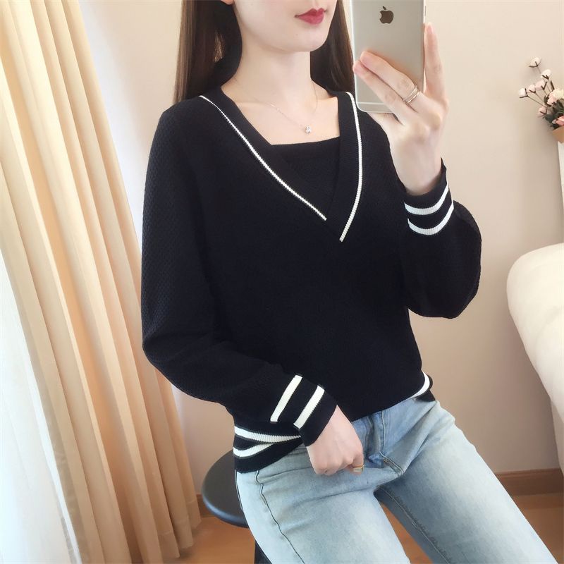 Áo Sweater Cổ V Giả Hai Lớp Dáng Rộng Thời Trang Xuân Thu Cho Nữ
