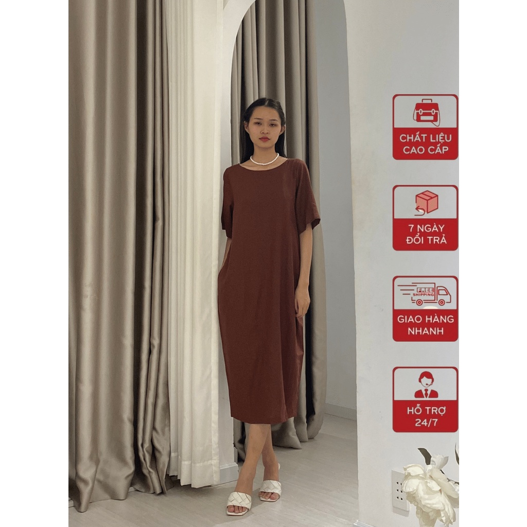 Đầm Maxi Linen - váy nữ dáng suông bí cổ tròn tay ngắn hàng thiết kế
