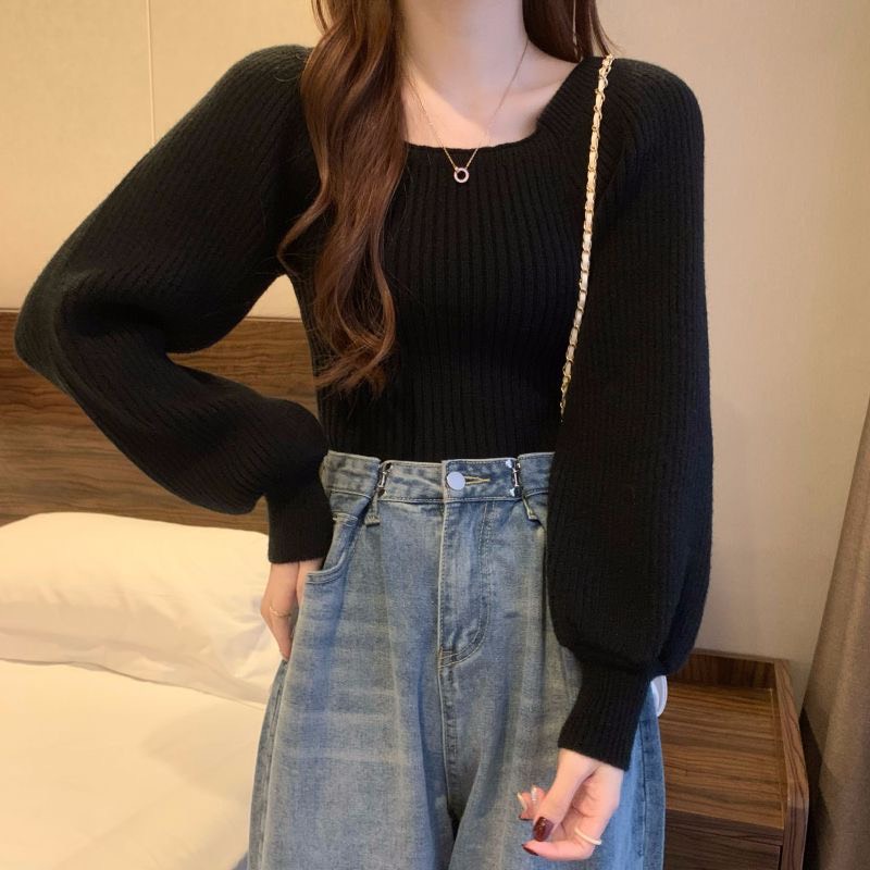 Áo sweater dệt kim tay dài cổ vuông đơn giản phong cách thời trang dành cho nữ