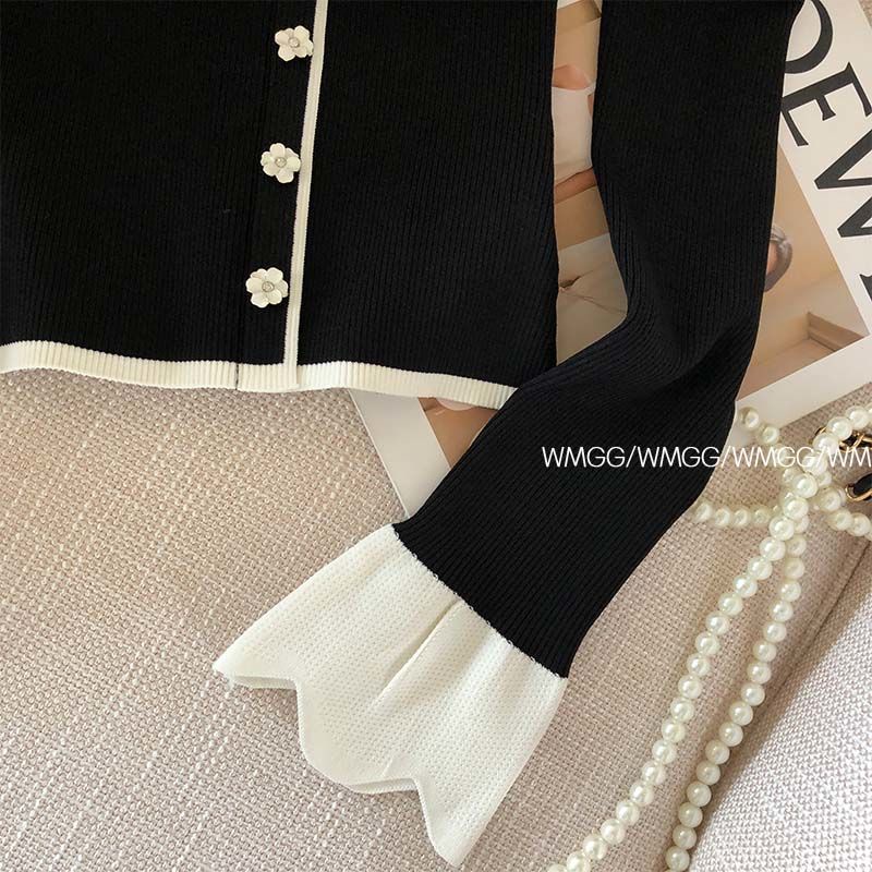 Áo Khoác cardigan Dệt Kim Tay Dài Cổ Lá Sen Màu Đen Thời Trang Xuân Thu Cho Nữ