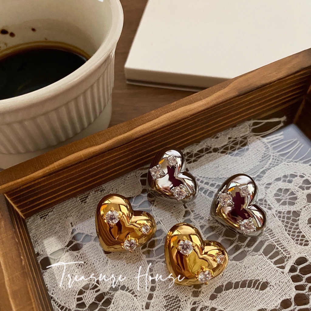 Bông Tai Đính Đá Zircon Cao Cấp Hình Trái Tim Phong Cách Hàn Quốc Sang Trọng Cho Nữ