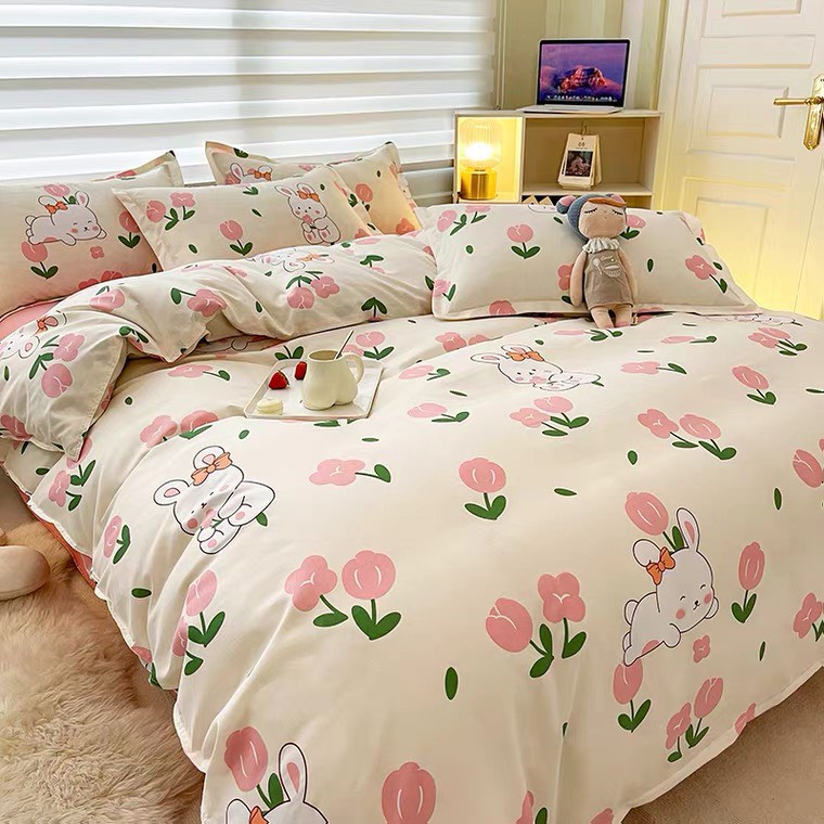 Bộ chăn ga gối cotton poly ETAMI thỏ ôm hoa hồng miễn phí bo chun ga trải giường (chưa kèm ruột)