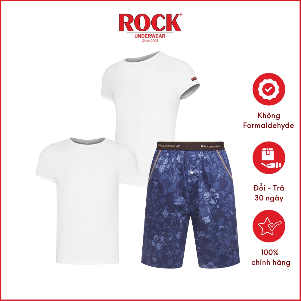 Combo 2 áo thun không đường may vải rip cotton 100% ROCK 5076 + 1 quần Short nam 5047 mạnh mẽ cá tính mặc nhà, tập gym