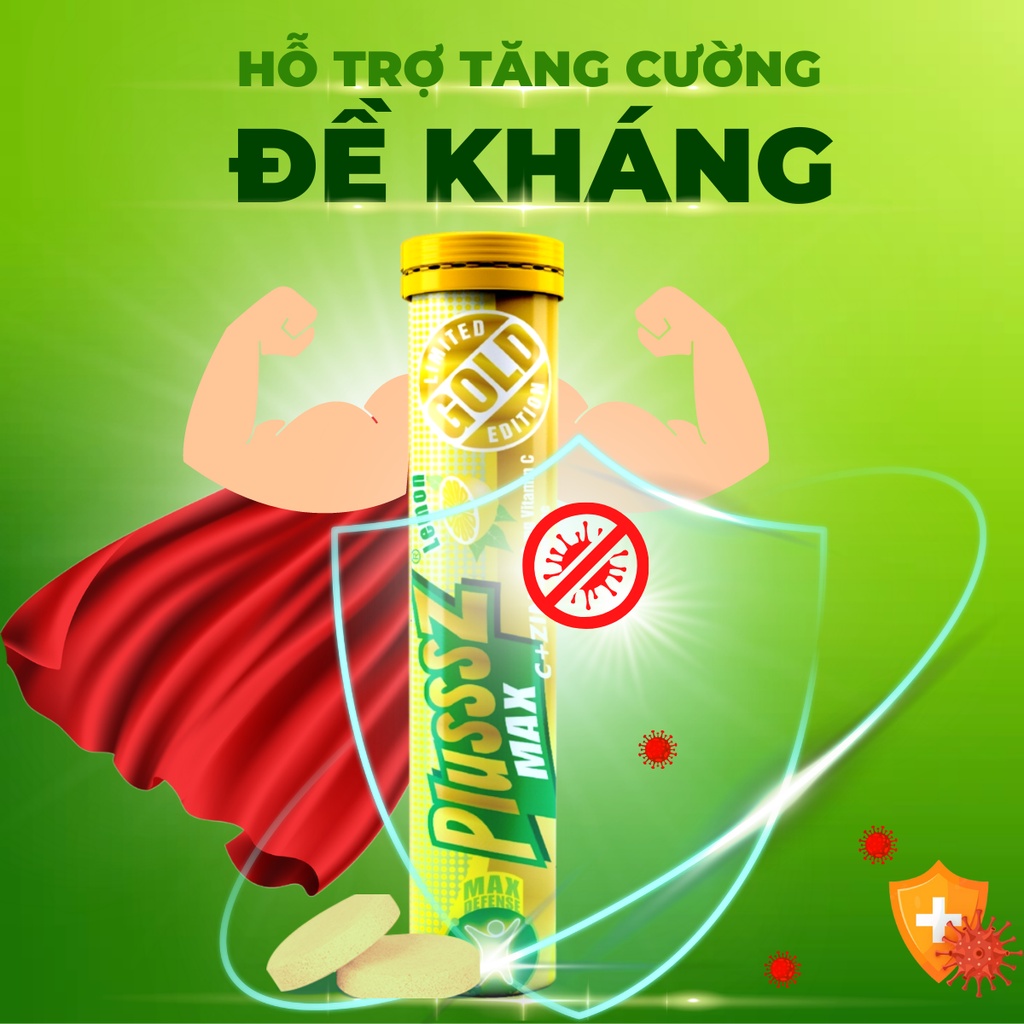 Viên sủi bổ sung vitamin c Plusssz Max Vitamin C + kẽm vị Chanh tặng kèm 01 gói 10 khẩu trang KF94