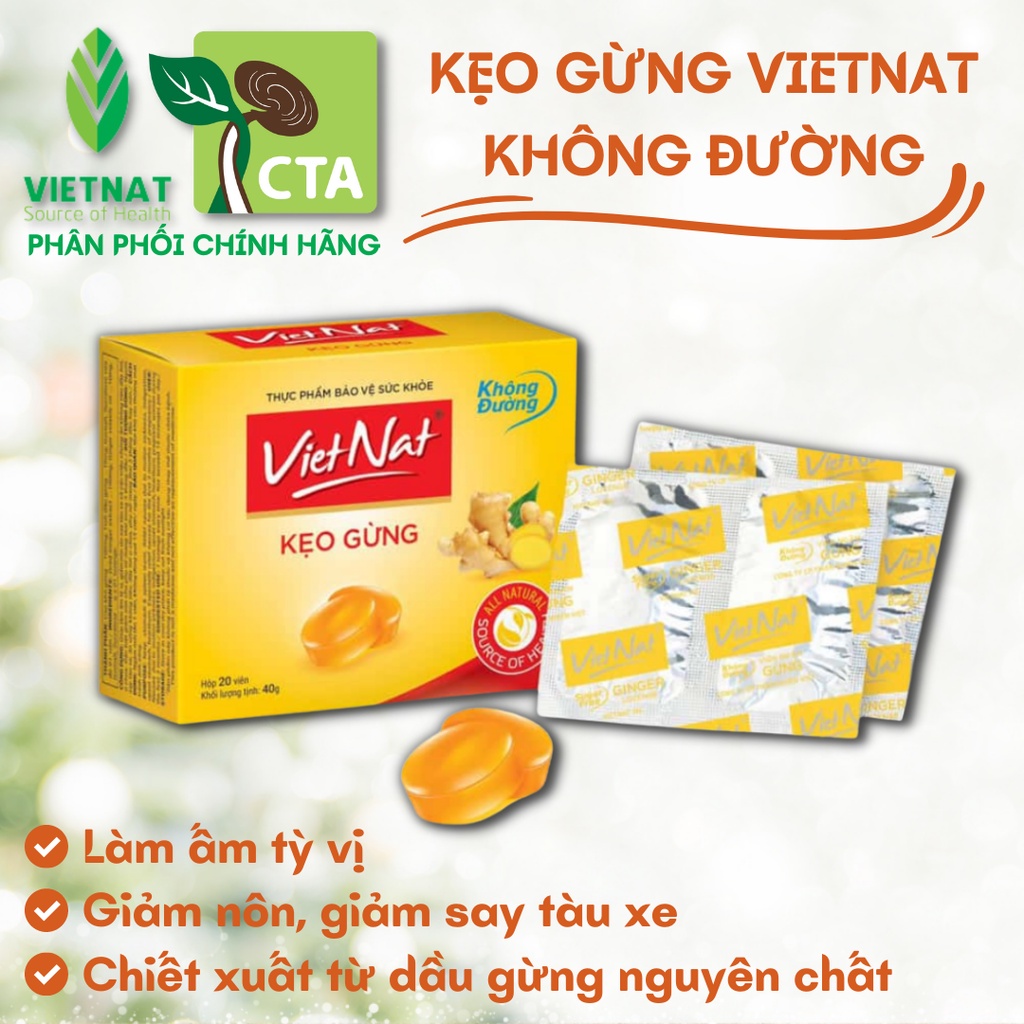 Kẹo ngậm Vietnat gừng không đường giúp ấm bụng, giảm say tàu xe