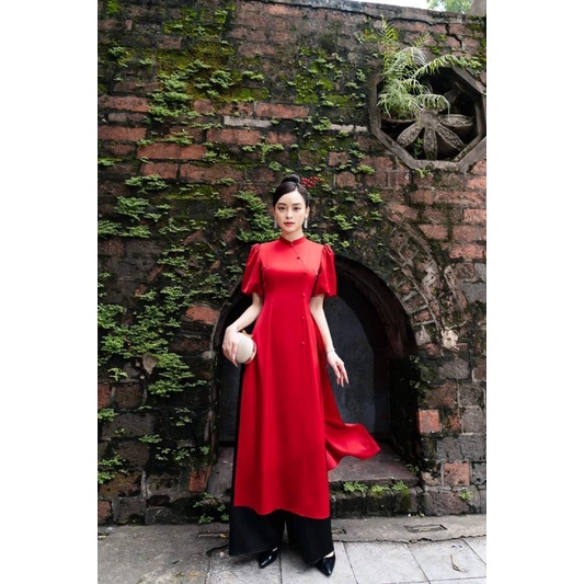 Áo dài tay ngắn TRIPBLE T DRESS đỏ phối quần đen kết nút bọc - size M/L/XL/2XL - MS06ML