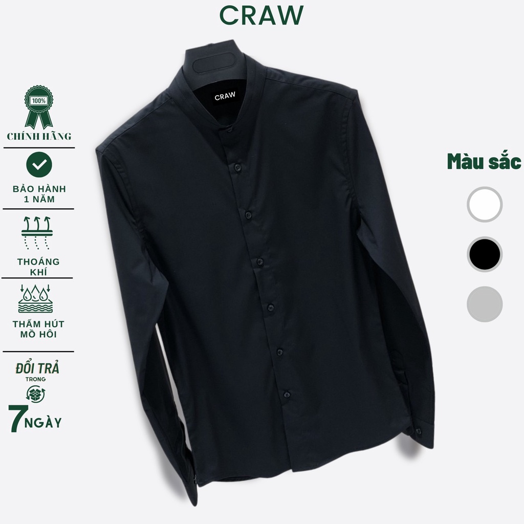 Áo sơ mi nam CRAW cổ tàu tay dài vải lụa coton mềm, thoáng mát, ít nhăn - form regular fit - Sơmi Trụ