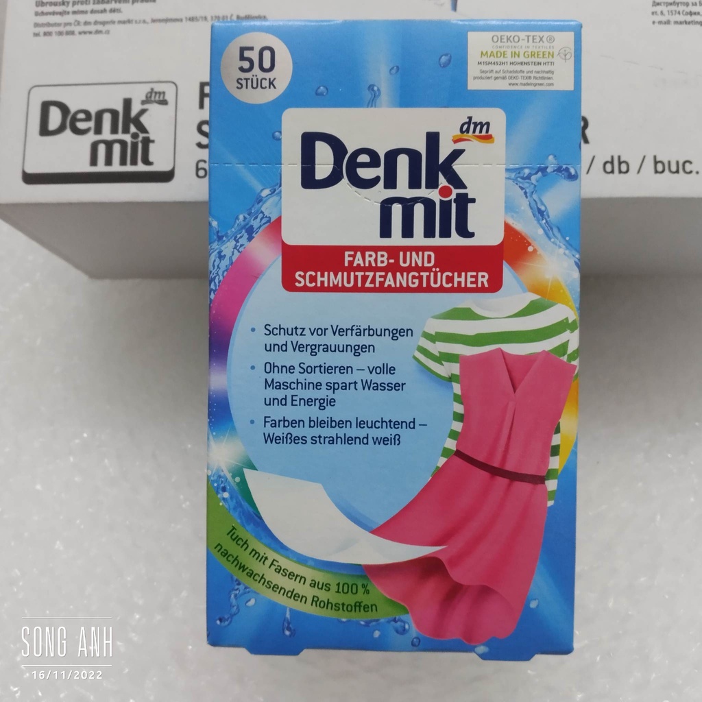 Denkmit hộp 50 tờ giấy chống phai và hút màu loang trên quần áo,không còn nỗi lo bị loang màu
