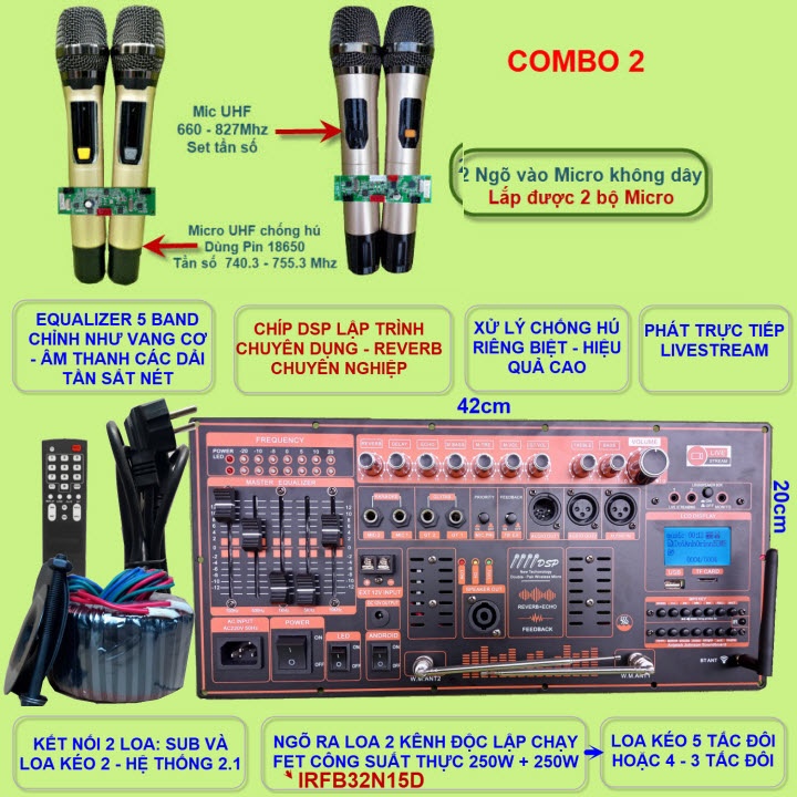 Mạch loa kéo Reverb chống hú DSP Livestream Equalizer 5 Band, 2 kênh 250W + 250W kèm 4 micro