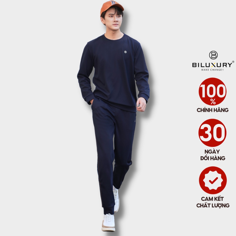 Bộ nỉ thu đông nam BILUXURY 6BNOT003 màu tím than chất nỉ cao cấp co dãn không bai xù phối line khỏe khoắn nam tính