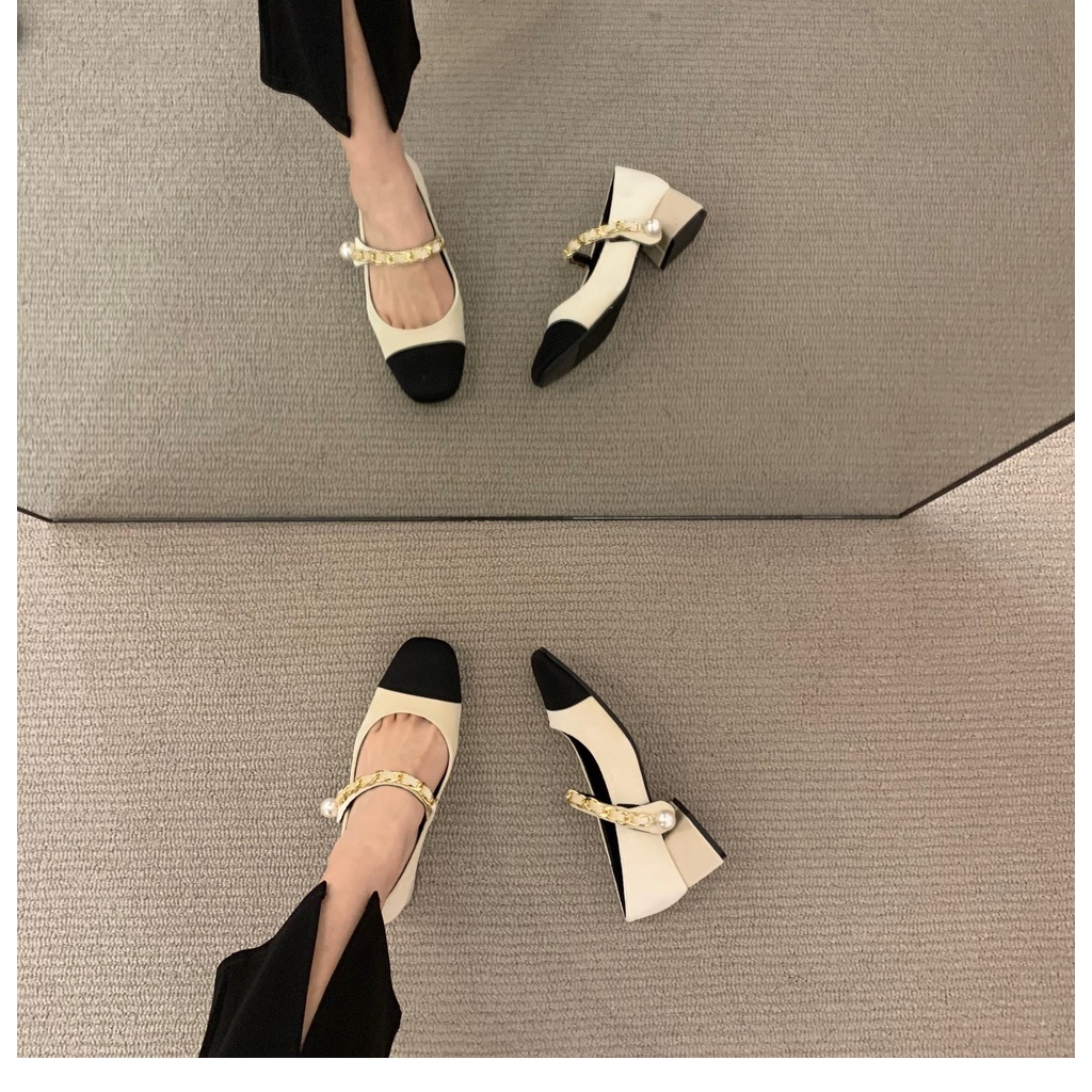 Giày Mary Jane Gót Vừa Phối Nhung Thời Trang Xuân Thu 2022 Mới Cho Nữ