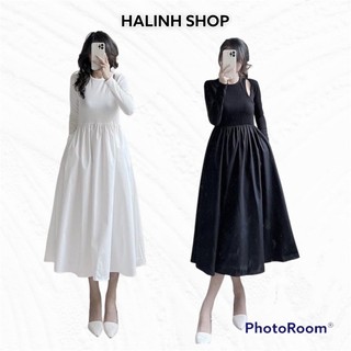 Váy Maxi Xoè Dáng Dùa Khoét Vai Size S M Màu Trắng Đen -Halinh Shop