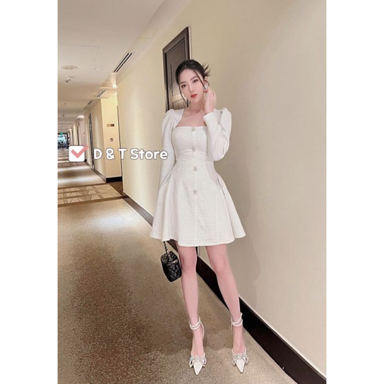 Váy dạ ánh kim thiết kế cúc hoa đá, cổ vuông tay dài có đệm ngực dự tiệc sang trọng💯