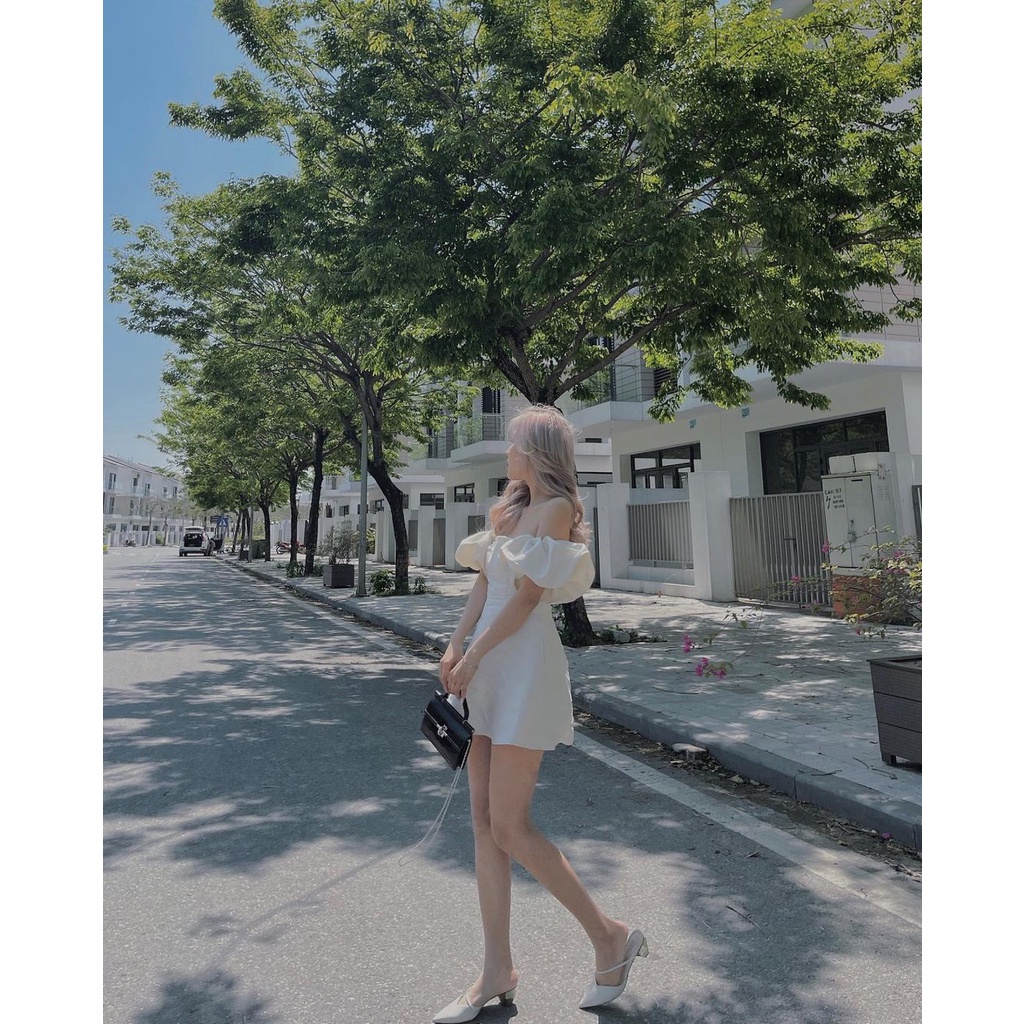 Váy Công Chúa Trễ Vai Tay Bồng - Đầm Gấm Hoa Nổi Tay Bồng Trễ Vai Tiểu Thư Sang Chảnh Dư Tiệc Sẵn Mút Ngực Na Bé Fashion