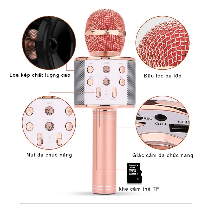Micro Bluetooth Không Dây WS-858 Hát Karaoke Micro Bluetooth Không Dây Kèm Loa Mic Hát Karaoke Mini Hát Loa Chất