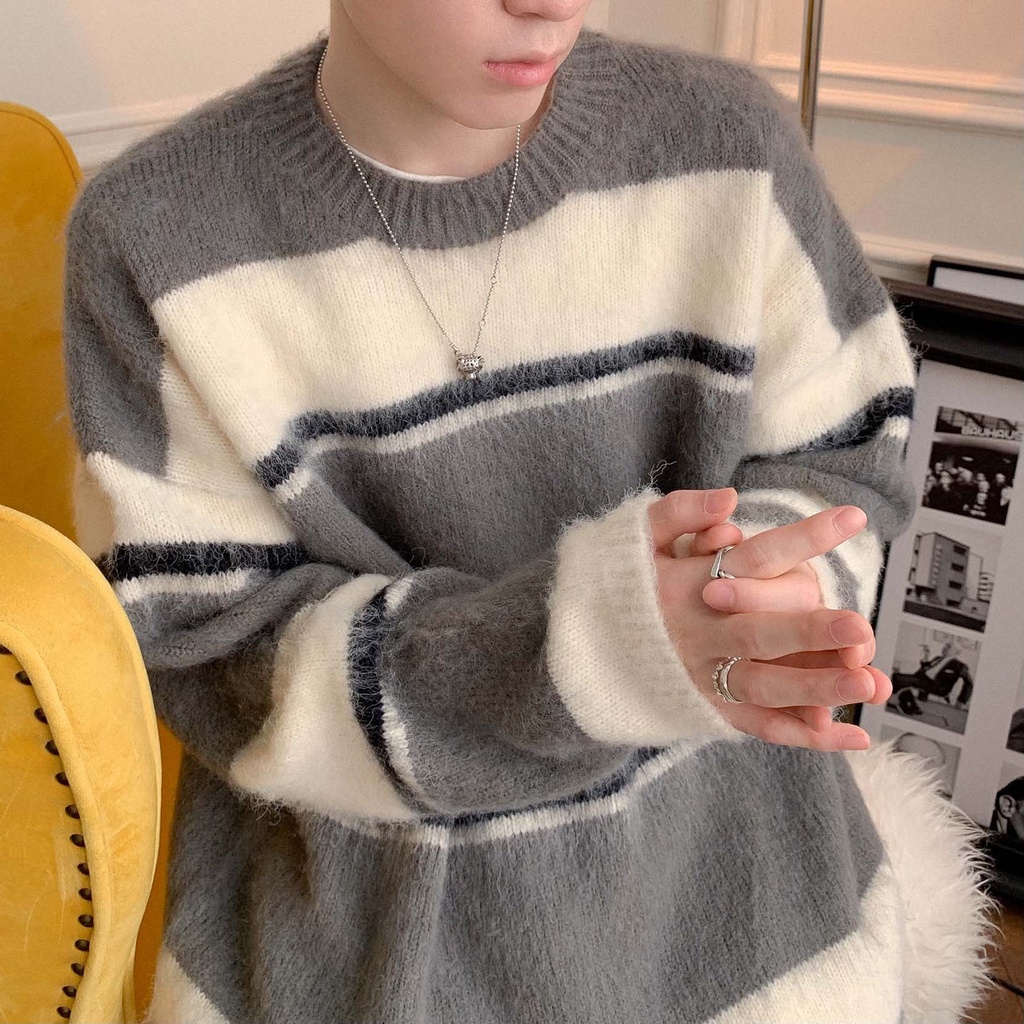 Áo Sweater Dệt Kim Dày Dặn Mềm Mại Dáng Rộng Phối Màu Tương Phản Thời Trang Mùa Đông Cho Cặp Đôi