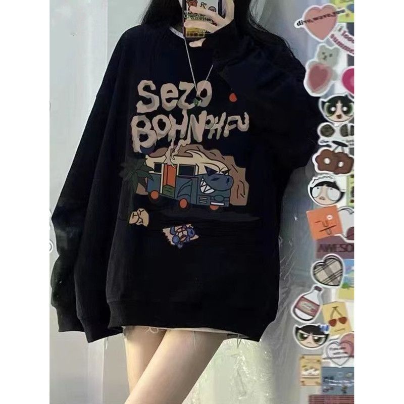 Jiashucheng Áo Nỉ Dài Tay Cổ Tròn Form Rộng In Họa Tiết Ngọt Ngào Phong Cách Mỹ