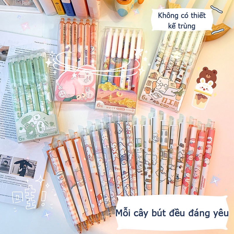 Set 6 Bút Mực Gel Ngòi 0.5mm Thiết Kế Hoạt Hình Dễ Thương