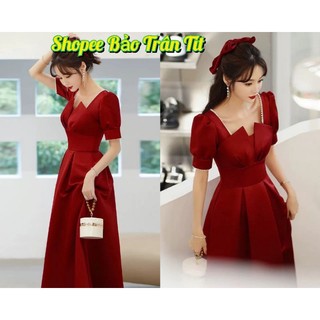 Đầm midi đỏ xếp ngực xẻ tay bồng viền hạt