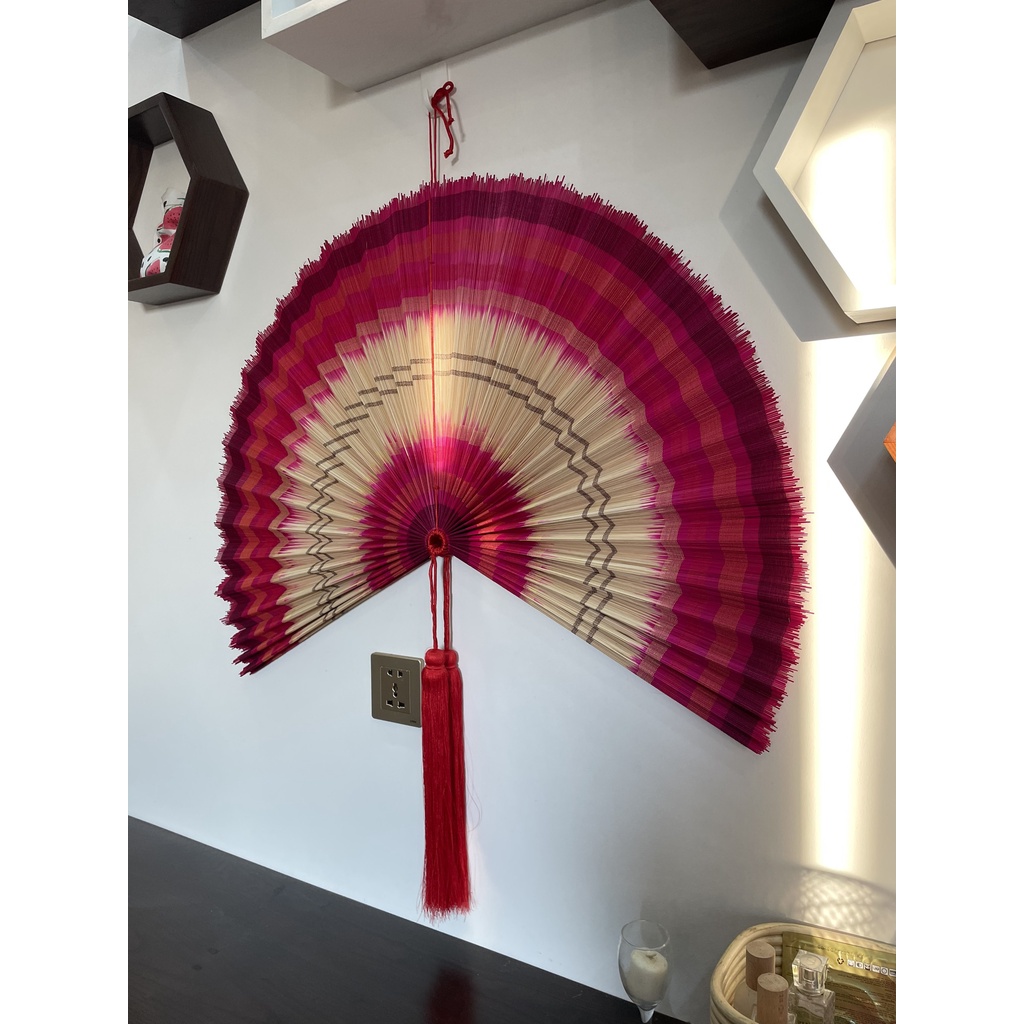 Quạt mành tre treo tường trang trí, quạt decor màu nhúng đỏ 2 đầu size,60cm, 80cm 100cm