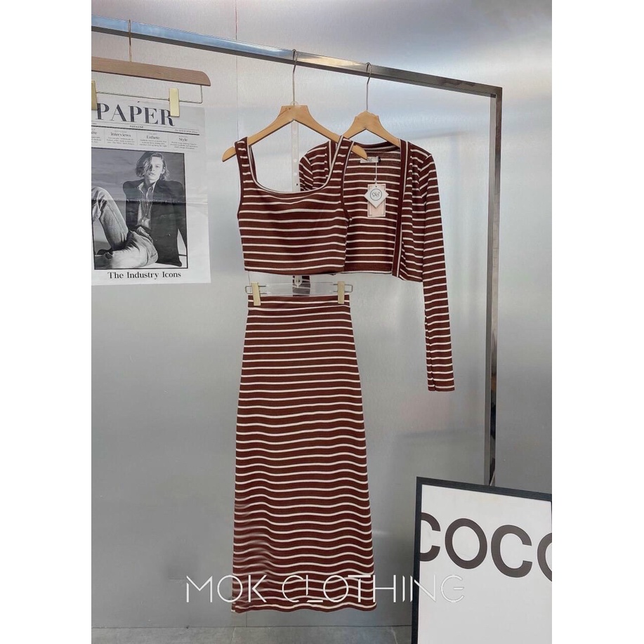 [12/12 Sale Freeship] Set bộ ba món nữ,set bộ chất thun gân áo hai dây trong kèm áo khoác dài tay mix chân váy dài mtb