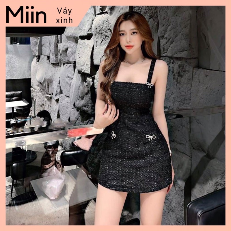 Váy dạ dây vai tua rua 4 khuy ngọc