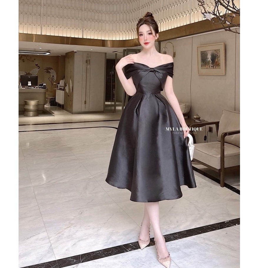 Đầm thiết kế dáng xòe, đầm trễ vai nơ xoắn tapta mềm cao cấp