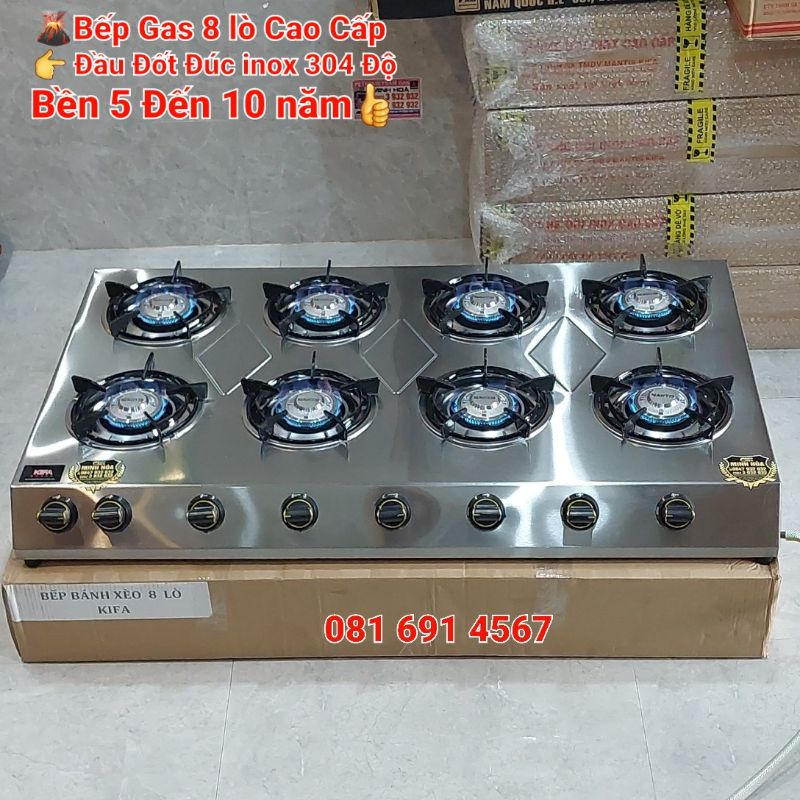 Bếp gas 8 lò mỳ cay bánh xèo loại đặt biệt đầu đốt bằng inox 304 đúc nguyên khối , điếu gang loại cao cấp