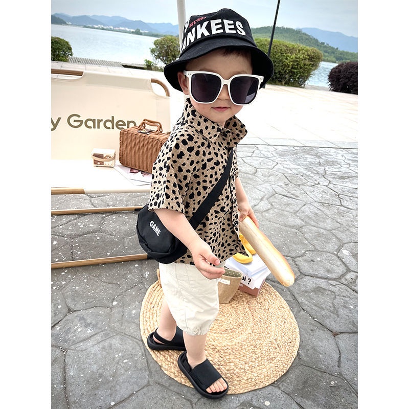 ♙♝Áo Sơ Mi Tay Ngắn Thoáng Khí In Họa Tiết Da Báo Thời Trang Mùa Hè Cho Bé Trai