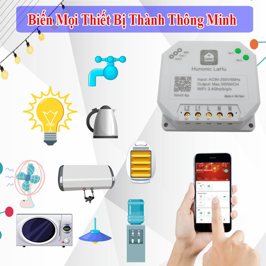 Công tắc thông minh kết nối Wifi Hunonic Lahu 4 kênh - 500W/kênh điều khiển mọi thiết bị từ xa qua điện thoại