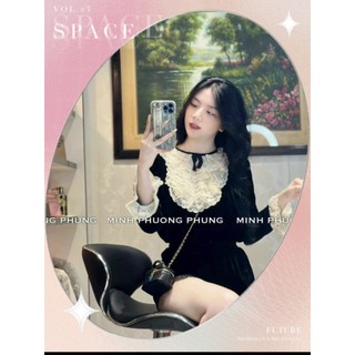 Áo nhung cổ phối ren tay dài sang chảnh chát nhung mềm mịn hàng quảng châu