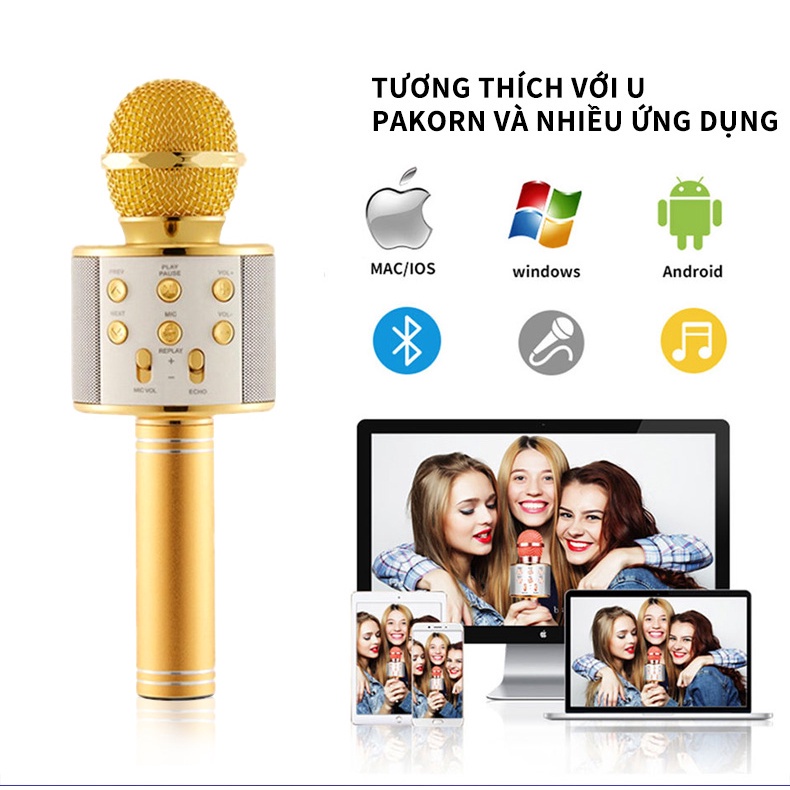 Micro Bluetooth Không Dây WS-858 Hát Karaoke Micro Bluetooth Không Dây Kèm Loa Mic Hát Karaoke Mini Hát Loa Chất