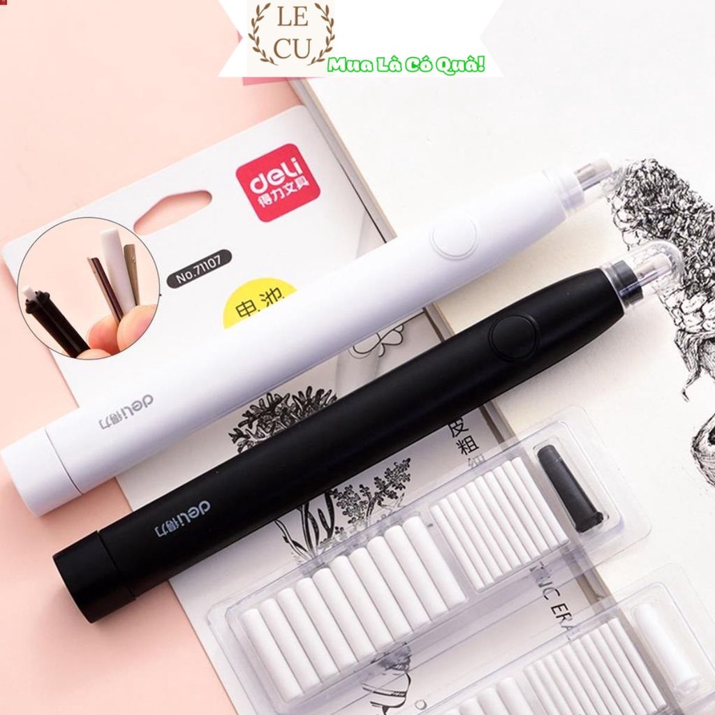 Bút tẩy điện Deli - Đánh bóng tranh vẽ, tẩy góc cạnh 2 kích thước khác nhau gồm 20 lõi tẩy thay thế