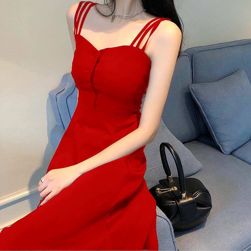 VÁY ĐẦM DÁNG DÀI BA DÂY XOÈ MÀU ĐỎ CHẤT THUN