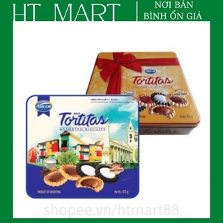 Bánh Arcor Tortitas Assorted Biscuit hộp sắt vuông màu vàng 415g