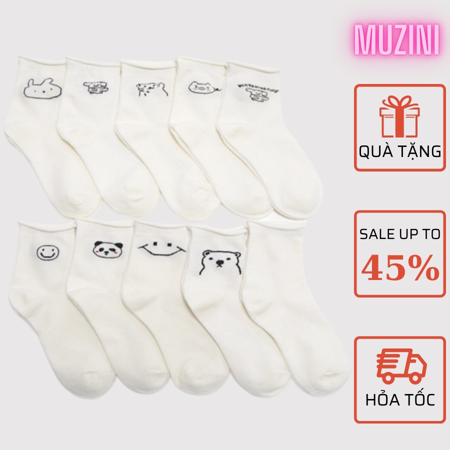 Tất cổ cao Muzuni vớ cao cổ nữ trắng họa tiết dễ thương vải co giãn thời trang Hàn Quốc TN133