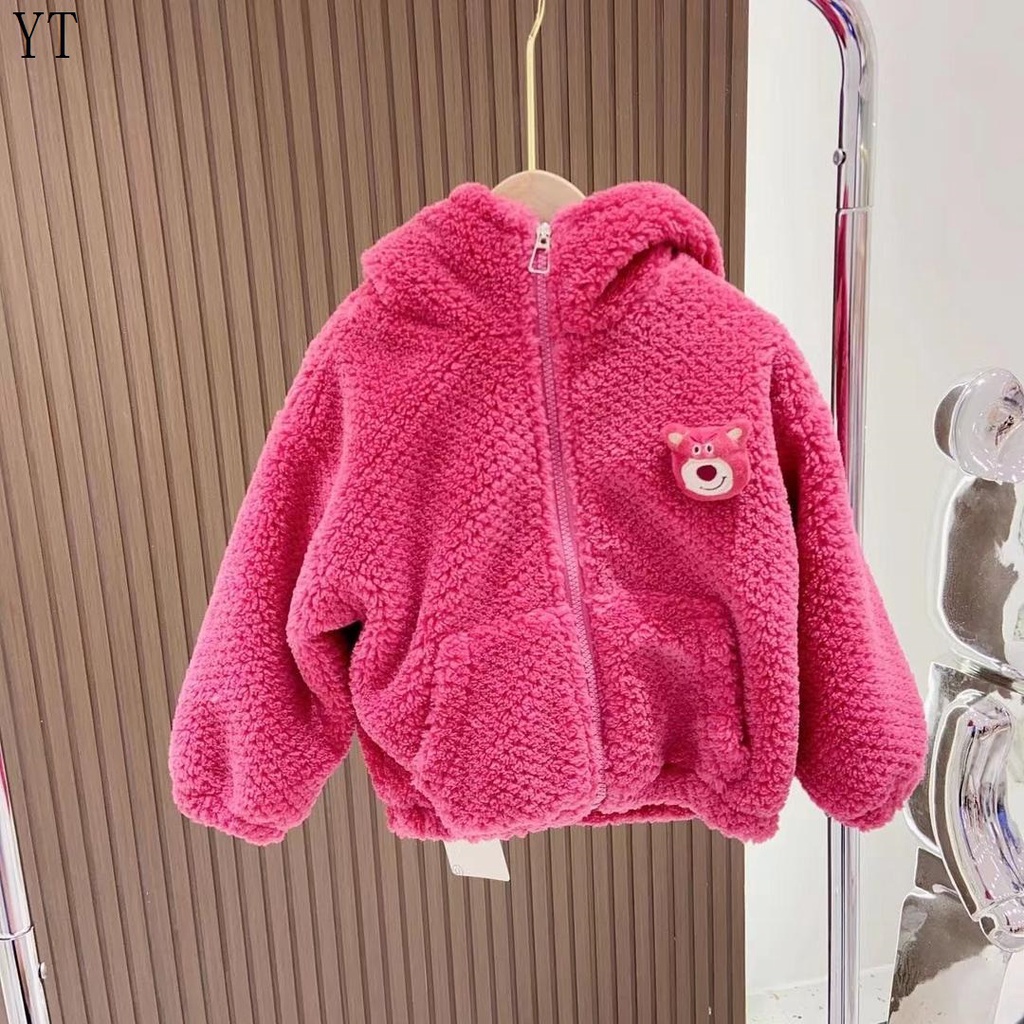 Áo Khoác Sweater Vải Len Phối Nhung In Hình Gấu / Dâu Tây Dễ Thương Thời Trang Thu Đông Cho Bé Gái
