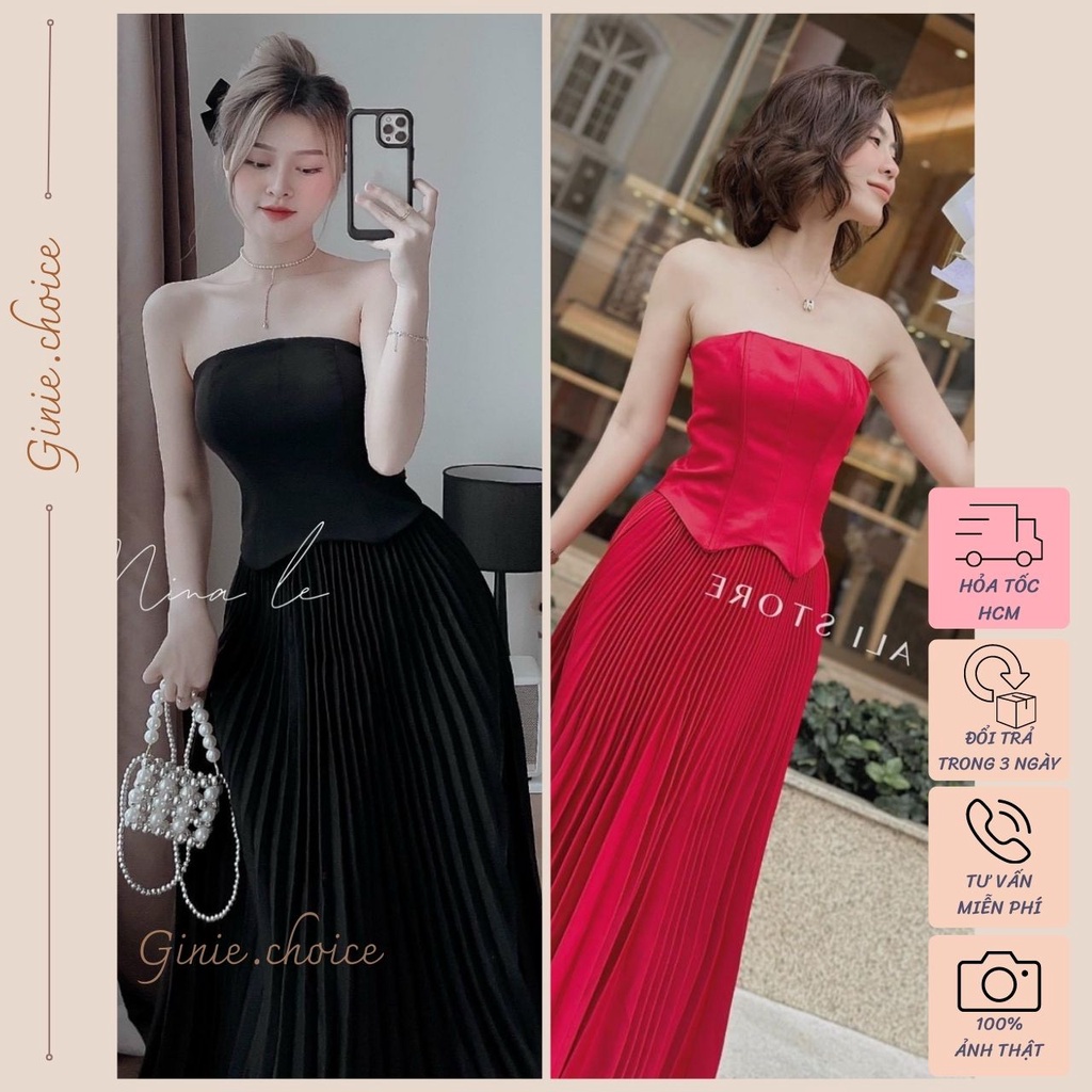Set áo croset cúp ngực kèm chân váy dập ly dài